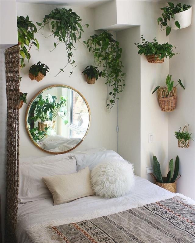 apvalus veidrodis auksinis rėmas baltas dirbtinio kailio pagalvėlė augalų pluošto sieninis puodo dangtelis makramė užuolaidos