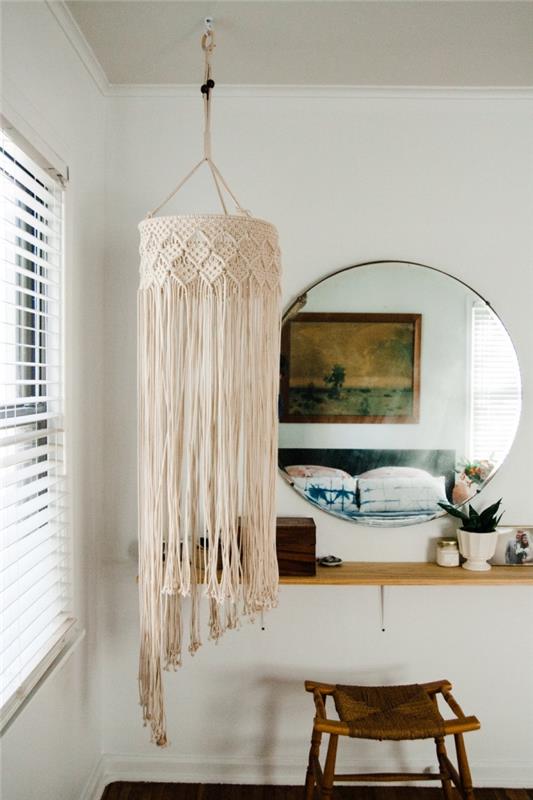 DIY model lestenec iz makrameja, izdelan iz vrvi in ​​senčnika, boemski dekor za spalnico z lesenim pohištvom