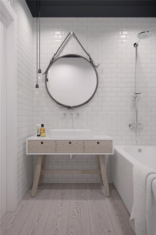 beyaz ve ahşap İskandinav ruhu banyo duş ve küvet lavabo altında endüstriyel stil yuvarlak aynalı dolap