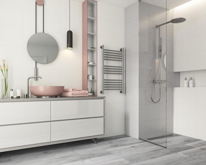 beyaz banyo duvar karosu, metal ve mat siyah kaplamalı çağdaş yuvarlak ayna modeli, beyaz ve gri oda dekoru