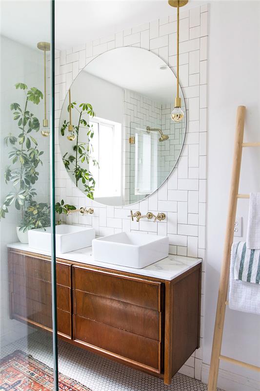Lestve za shranjevanje perila, sodobna kopalnica, kopalniška omara, bela kopalnica, veliko okroglo ogledalo, kot nalašč za dva umivalnika