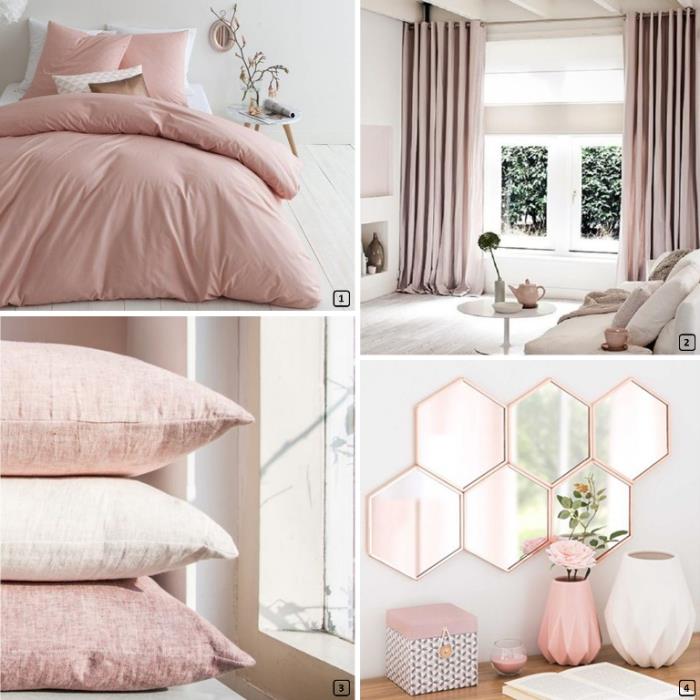 pastelinės rožinės spalvos patalynė skirta rožinės spalvos miegamojo dekorui, veidrodinis modelis su geometriniais raštais ir rožinio aukso rėmeliu