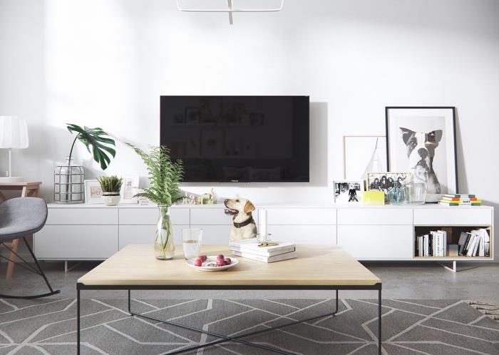 İskandinav mobilyalı oturma odası, ahşap ve metal sehpa, depolamalı beyaz TV dolabı, birkaç küçük dekoratif detay, yeşil bitkiler