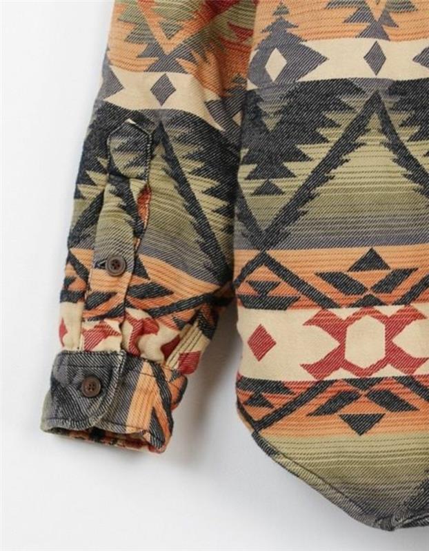 etnična moda, geometrijski vzorci zimskega plašča, azteške figure