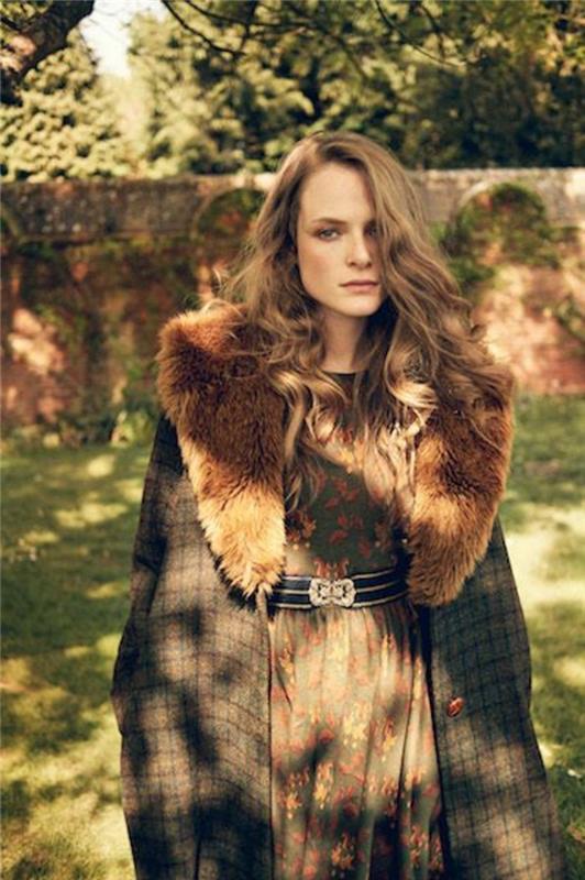 vintage-fashion-tweed-coat-with-fur-pretty-print-dress