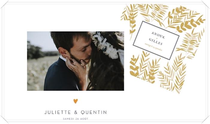 primer izvirnega poročnega vabila s pokrajinsko fotografijo in majhnim zlatim srčkom, klasičnega poročnega vabila z vzorci zlatih listov