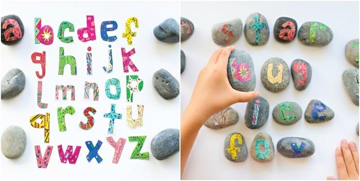 alfabenin harflerini öğrenin, çakıl taşlarına yapıştırılmış renkli harflerle birincil manuel aktivite, montessori materyali