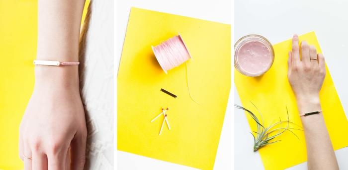 ideja za zapestnico macrame, da si naredite sami, model zapestnice iz fine pletene rožnate žice z zlato slepo, nakit naredite sami v roza žici