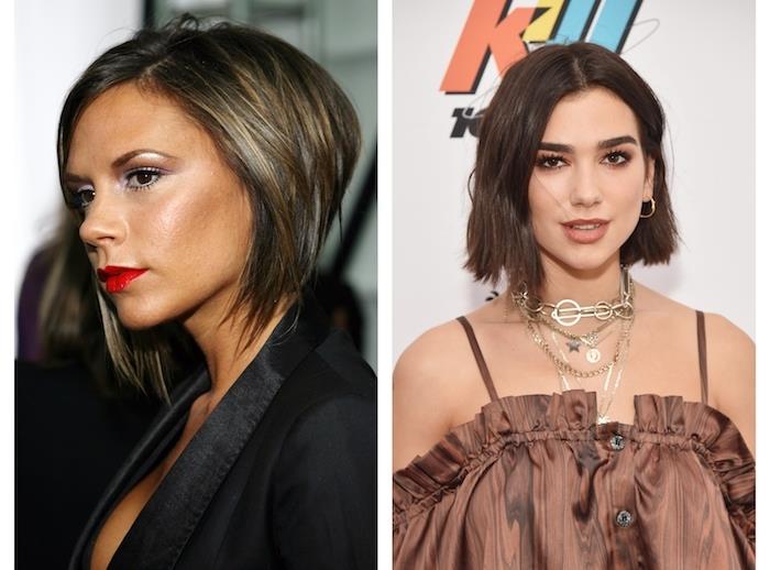 Victoria Beckham koyu sarı vurgular ile dalgalı bob kesim ve kahverengi saç üzerinde katmanlı bob ile dua lipa