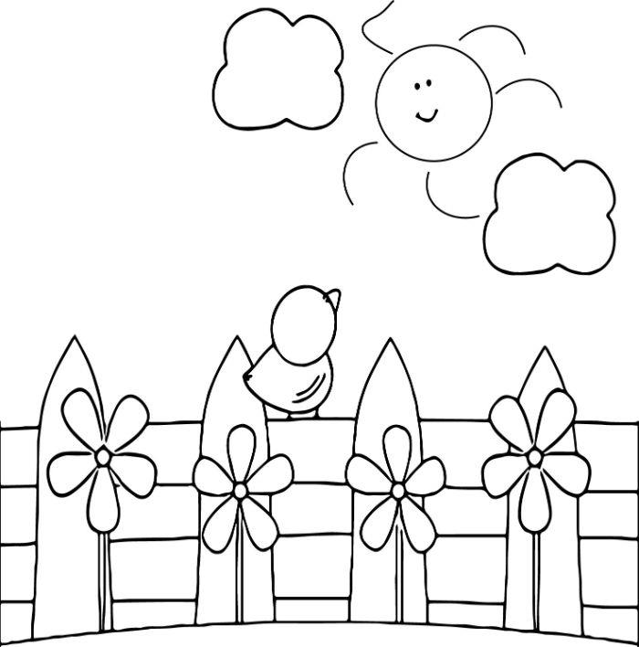 preprosta otroška risba cvetlične ograje s ptico, soncem in oblaki, barvanje za tiskanje