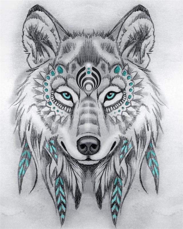 risba plemenskega volka s svinčniki, črno -beli model risbe s pridihi modre barve, domorodni ameriški simbol