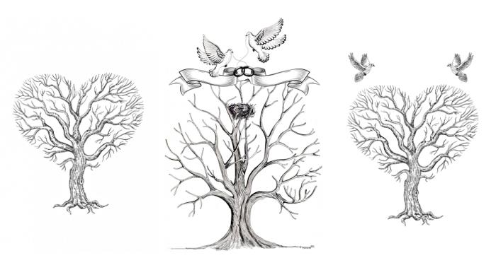 kako narisati prazno drevo s srčnimi vejami in zaljubljenimi pticami