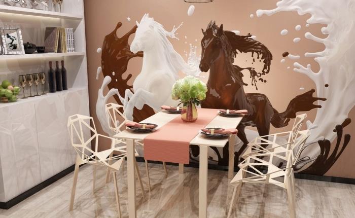 yemek alanı olan bir mutfakta duvarlar nasıl dekore edilir, 3D efektli duvar kağıdı giydirilmiş bir duvar örneği