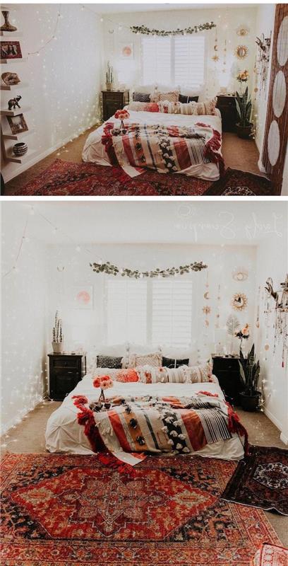 Jaukus, bohemiškas prašmatnus dekoras su rytietišku kilimu, gėlių sienų apdaila, šviesių girliandų lietus, patalynės komplektas ir spalvingos pagalvėlės