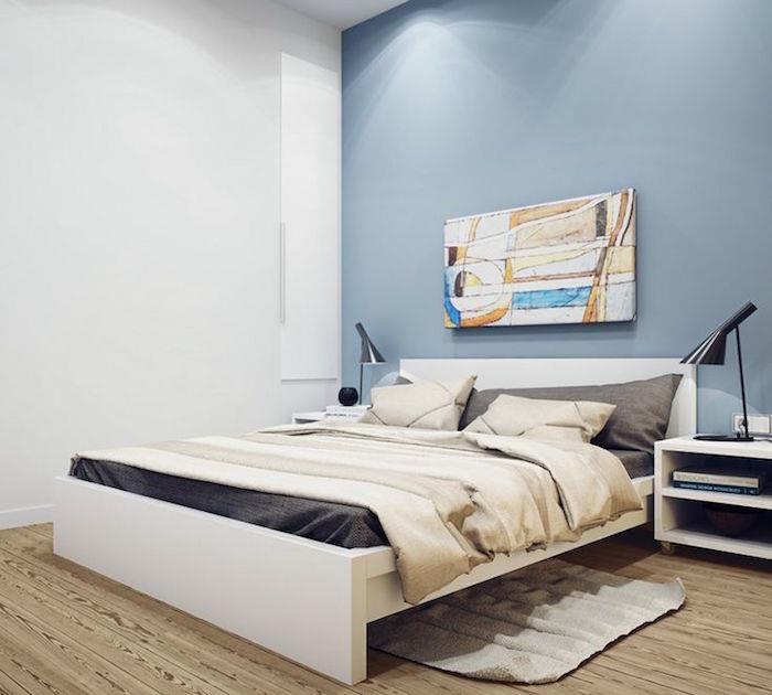 minimalistinis miegamasis suaugusiems, modernus miegamojo apdaila, kaip nudažyti šviesiai mėlyną ir baltą miegamąjį