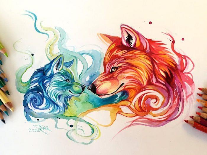risba volka z barvnimi svinčniki, glava malega zelenega in modrega volka in mati volk v oranžni in rdeči barvi