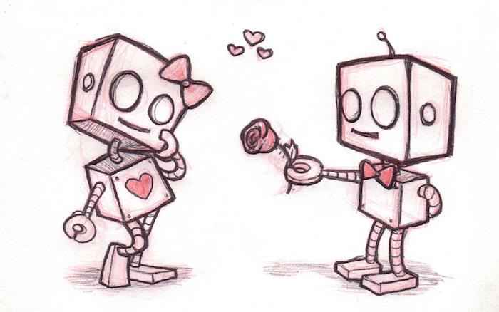 kafasında papyon ve vücudunda kalbi olan bir dişi robota gül sunan erkek robot, çizimleri çok şirin