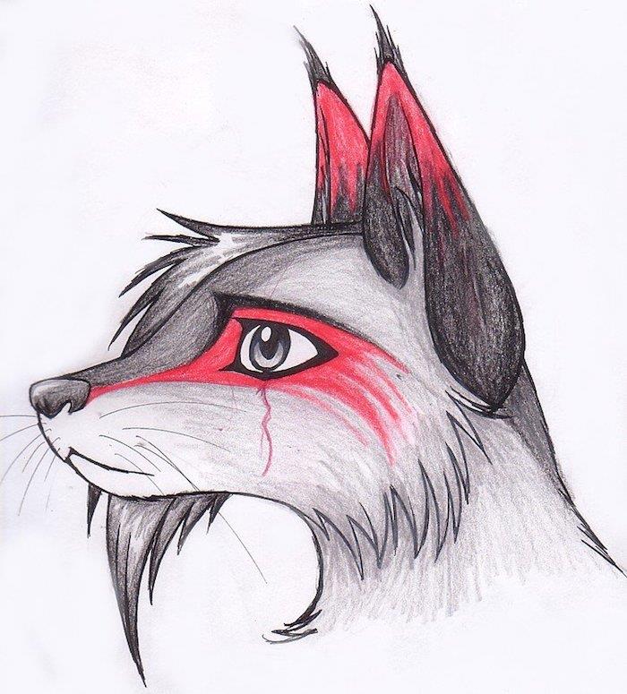 risba žalostnega volka, volčja glava s kljunasto grivo in rdeča okoli ušes in oči