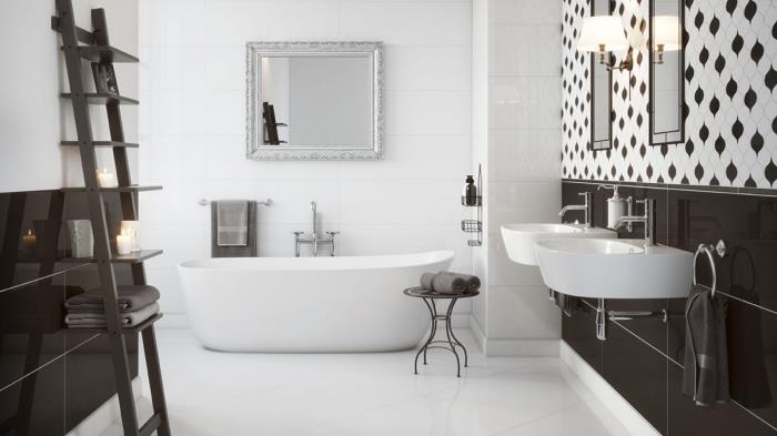 beyaz ve siyah şık iç tasarım, küvetli ve çift lavabolu banyo düzeni, beyaz ve siyah fayanslı duvar