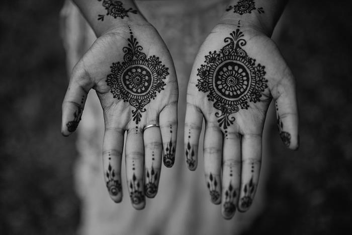 simbolična tetovaža, začasna risba na koži, tetovaža rok in prstov za ženske z obliko mandale