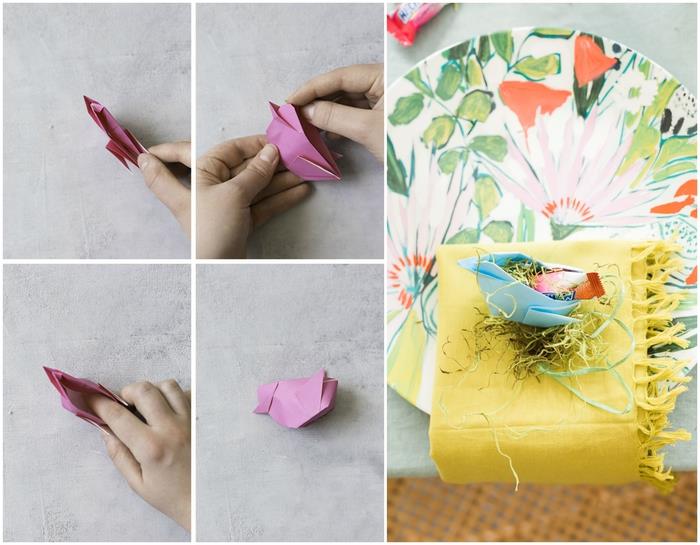 paskalya dekoru için kullanabileceğiniz sevimli kolay kuş origami modeli, origami bahar DIY fikri