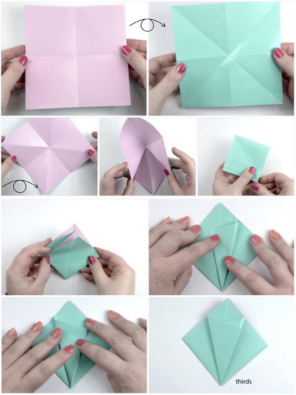 kaip padaryti paprastą gėlę iš popieriaus naudojant šią paprastą origami lankstymo techniką, origami popieriaus rainelės gėlę, pagamintą per trumpą laiką