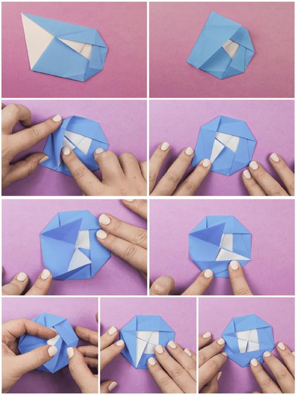 žingsnis po žingsnio tradicinis kamelijos gėlės formos origami modelis, galintis puikiai papuošti dovanų pakuotę