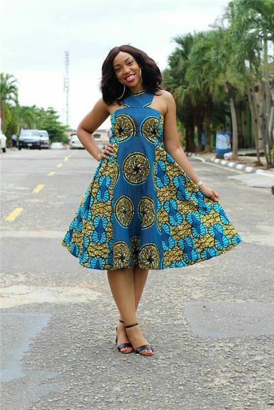 voščena oblačila, afriška obleka, afriška moda, model v modri in rumeni barvi, dolžina pod koleni, brez rokavov, poletni model