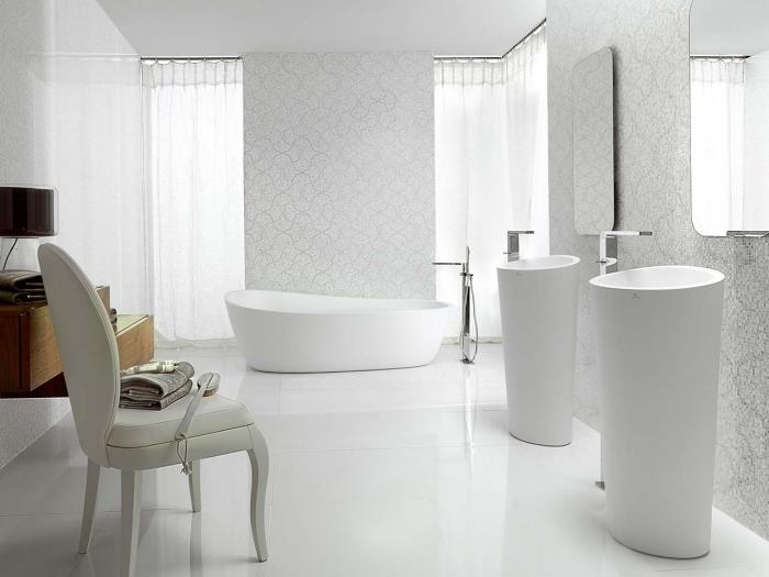 iki lavabolu ve küvetli beyaz banyo dekoru, banyo oturma odası nasıl yapılır fikri