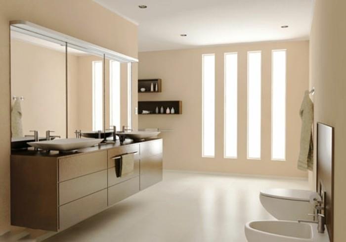 modernus vonios kambarys-spalva-smėlio spalvos vonios kambarys-modelis-dvigubas-stalviršis-kriauklė-tualeto įrenginys-medžio dekoras su švariomis linijomis