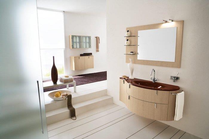 modern banyo, kahverengi vazo, ahşap bank, meyve tabağı, ahşap duvar rafı, kadife kilim