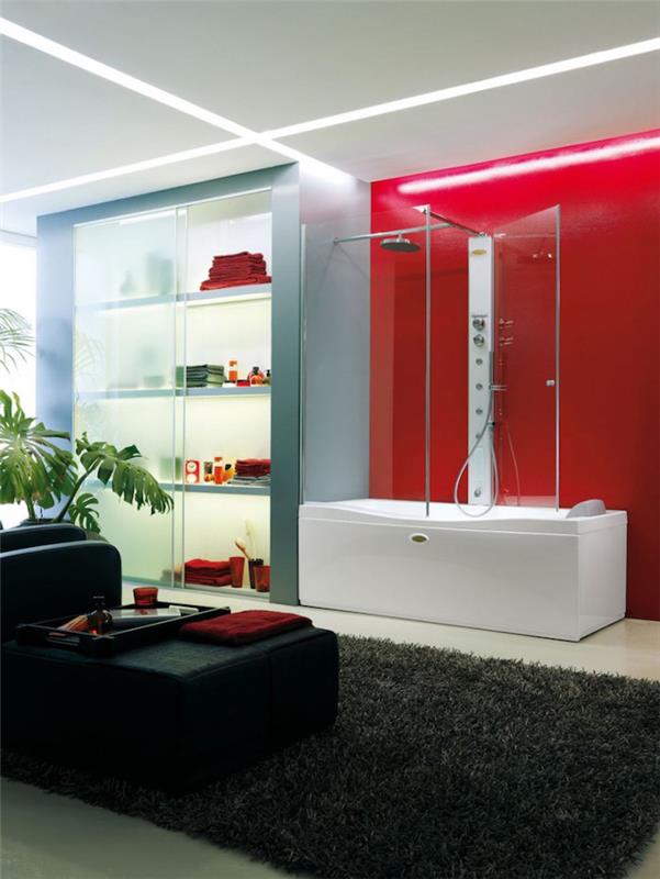 modern banyo, siyah koltuk, siyah suni kürk halı, kırmızı duvar, asma tavan, cam kapılı gardırop