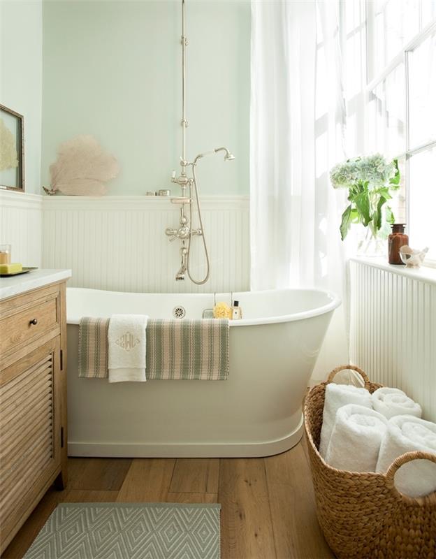 Retro banyo modeli duvar tablosu pastel nane yeşili beyaz küvet dokuma sepet banyo havlusu