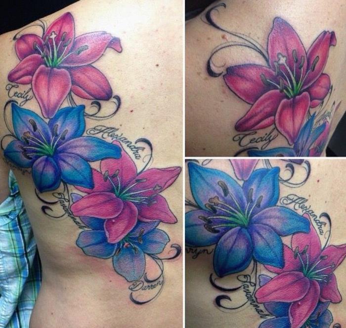 Moteriškos tatuiruotės modelis, rožinės ir mėlynos spalvos „fleur de lis“, moters nugaros tatuiruotė