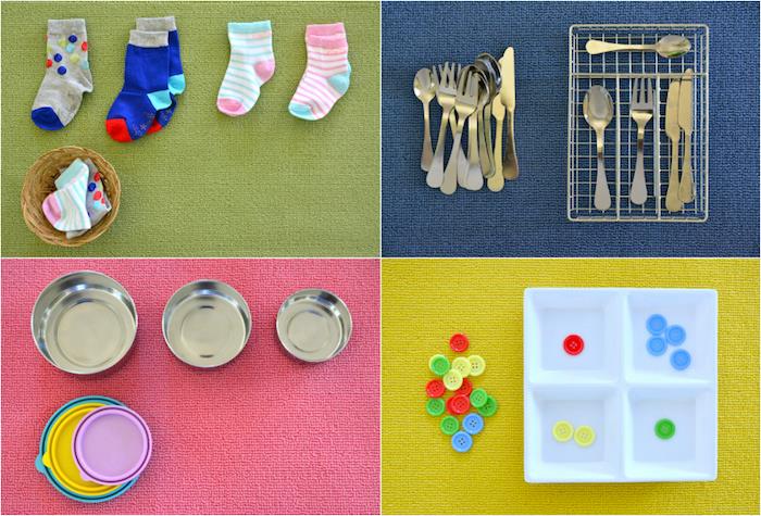 Bazı Montessori pratik yaşam aktiviteleri, çorapları katlama, çatal bıçak ve mutfak gereçlerinin saklanması, şekil ve renklerle ilgili oyunlar, renkli düğmelerin saklanması