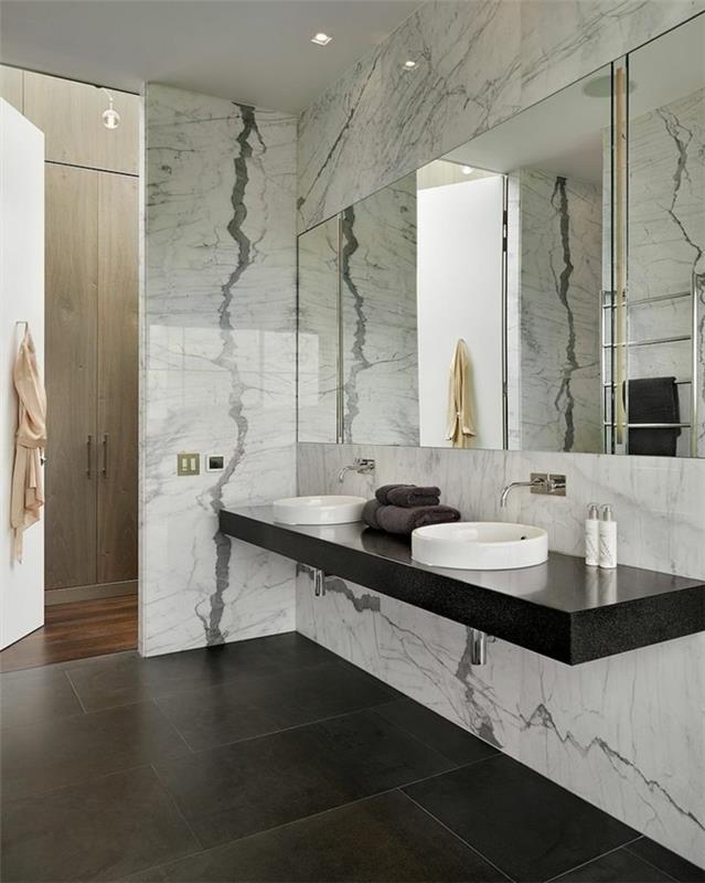 balto marmuro vonios kambario modeliai ir baltos kriauklės, kaip papuošti vonios kambarį