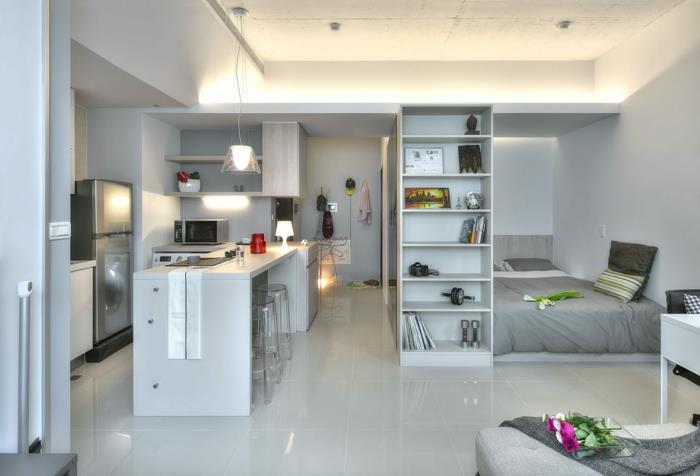 küçük bir stüdyo tasarım stüdyosunda mutfak düzeni fikri açık gri renk, bağımsız sütun rafı