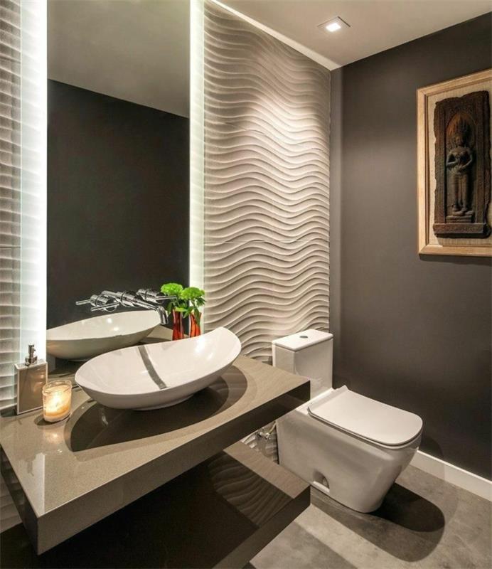 moderni tualeto įranga, antracito pilkos spalvos tualeto dažai, dekoratyvinis skydas, tamsiai pilkas ir pilkas vidus