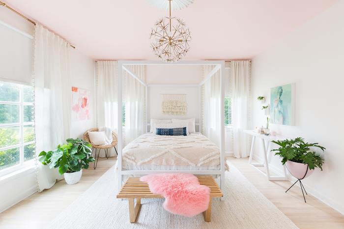 En güzel beyaz ve gri yatak odası toz pembe boya modern tasarım sevimli yatak odası