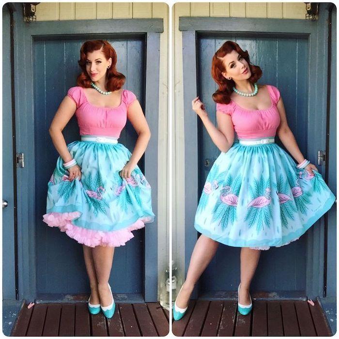 50 -ih Ariel, modra in roza obleka, vintage obleka 50 -ih, moda petdesetih