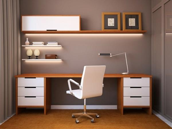 sodobno-minimalistična miza za pisarno v klopi in z lesom za tla