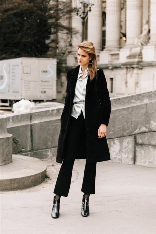 modern elbise pantolon gömlek ve uzun siyah ceket Parisli gardırop şık kıyafet kadın ayak bileği botları ile bcbg kıyafeti bakmak