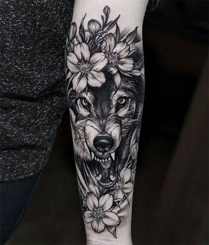 zloben dizajn tetovaže volka, češnjev cvet, tetovaža s črnim črnilom, tetovaža ženske podlakti