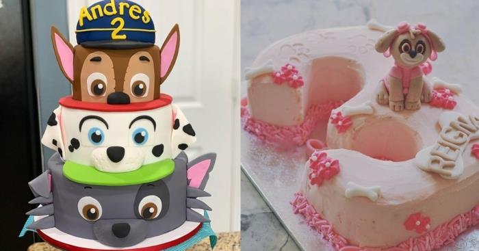 originalna pasja torta s temo paw patrol, rožnato tortica v prahu s figurico paw patrol