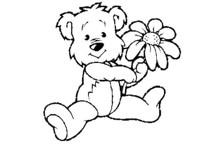 Medvedek s cvetjem v testu, črna risba na belem papirju, barvna risba, risba torte, risba za vesel rojstni dan