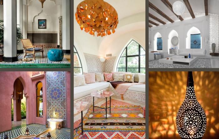 blazine iz etnične tkanine v svetlih in pastelnih barvah v eksotični dnevni sobi z belimi stenami z velikim kotnim kavčem