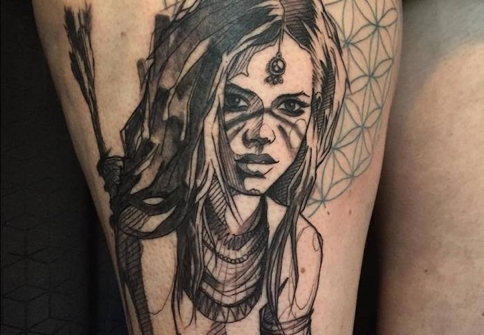 ideja tattoo woman, body art v črnilu z origami vzorci, risba na koži ženske bojevnice