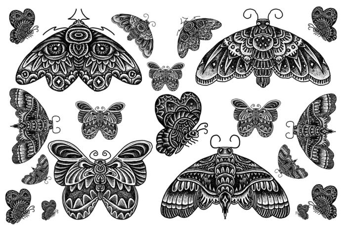 Paprastas piešimo modelis, drugelio piešimo pelėdos idėja piešiant pradedantiesiems tatuiruotės idėją
