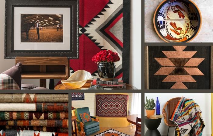 postavitev dnevne sobe z motivi Navajo, primer moderne in klasične notranjosti s plemenskimi dekorativnimi predmeti