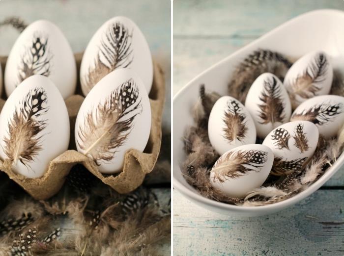 originali idėja dekoruoti kiaušinius baltu lukštu su klijuotomis rudomis plunksnomis, kiaušinių išdėstymą kartone